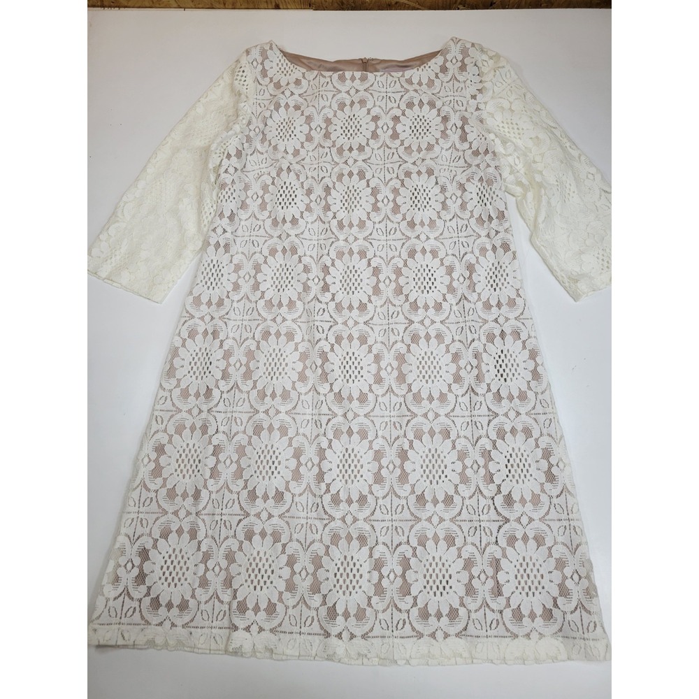 Jessica H Women's Ivory Lace Shift Dress Size 14 3/4 Sleeve Lined Wedding Party
